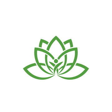 Flat healthcare logo with lotus flower symbol in solid green