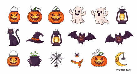 Halloween icon halloween vector illustration set with pumpkins ghosts bats and other spooky elements for halloween designs vector