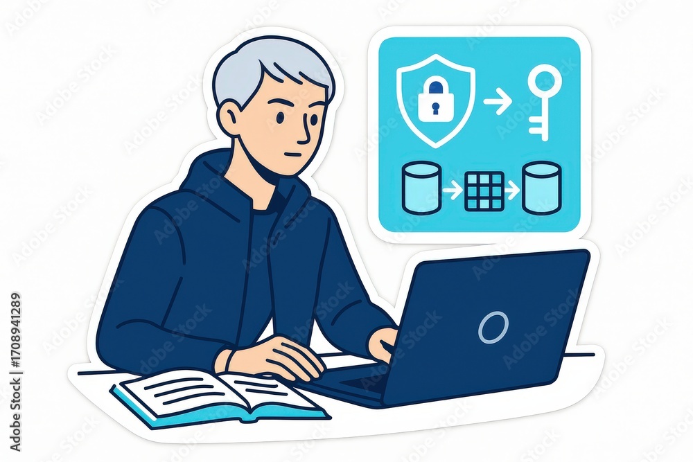 Poster young man engaged in advanced cybersecurity studies displaying complex data encryption concepts whil