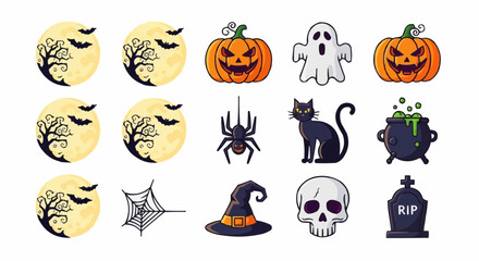 Halloween icon halloween vector illustration with pumpkins, ghost, cat, skull, spider, moon and other halloween elements vector
