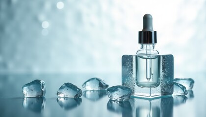 Serum dropper bottle surrounded by ice cubes on reflective surface  
