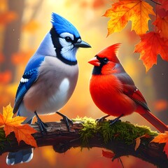 Colorful birds on autumn branch