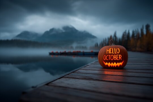 Glowing pumpkin on lake dock at dusk in misty mountain landscape - Powered by Adobe