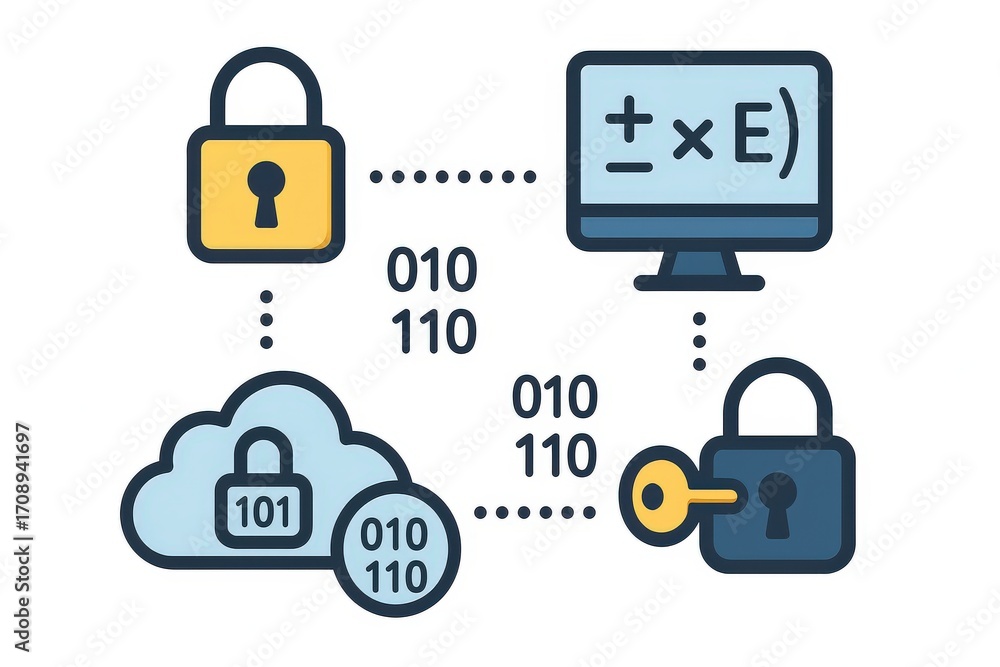 Poster secure digital communication framework illustrated with encryption keys cloud technology and binary 