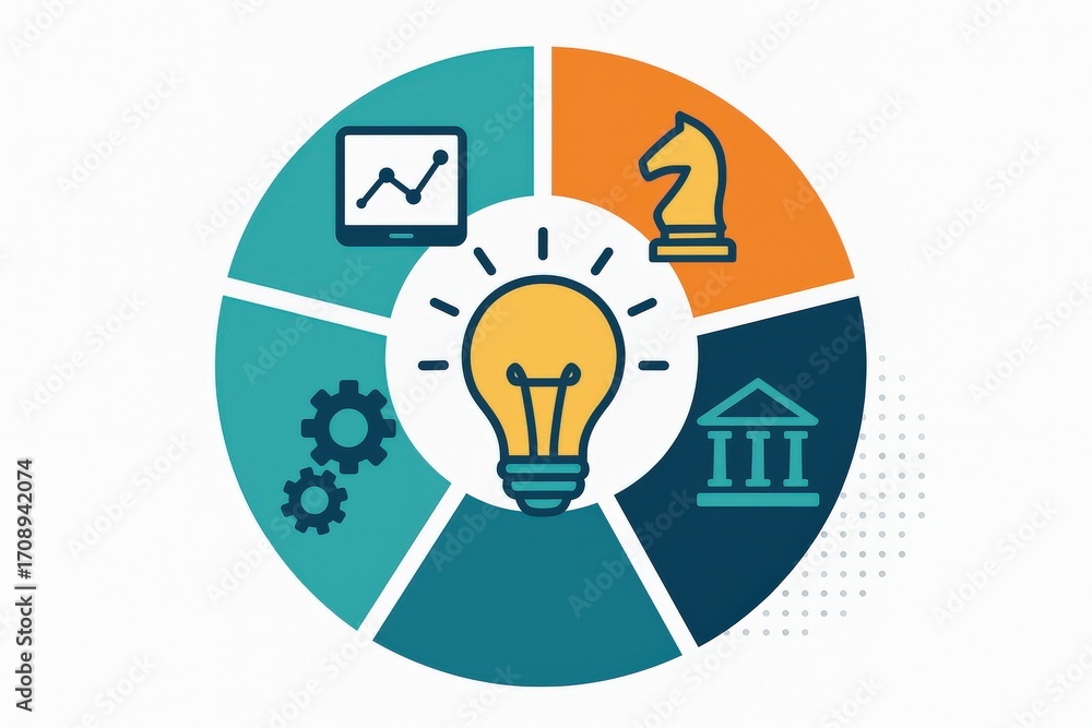 Poster dynamic visual representation of strategic business concepts emphasizing innovation leadership analy