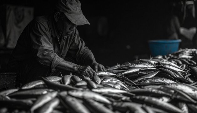 A fishmonger meticulously sorting his fresh catch of the day at a traditional seafood market stall