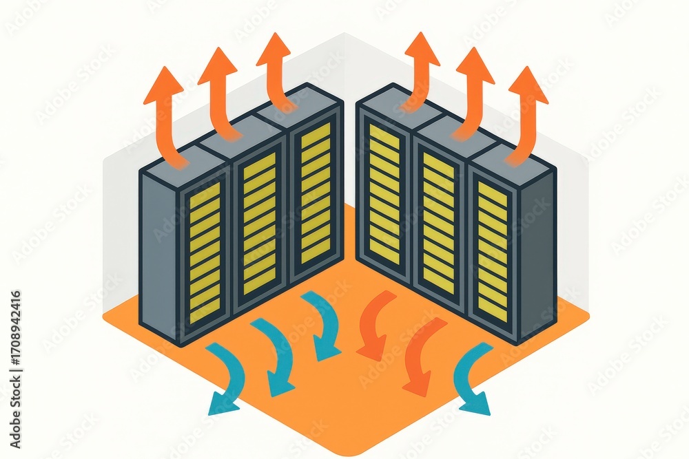Poster innovative data center design illustrating heat management with directional airflow patterns emphasi