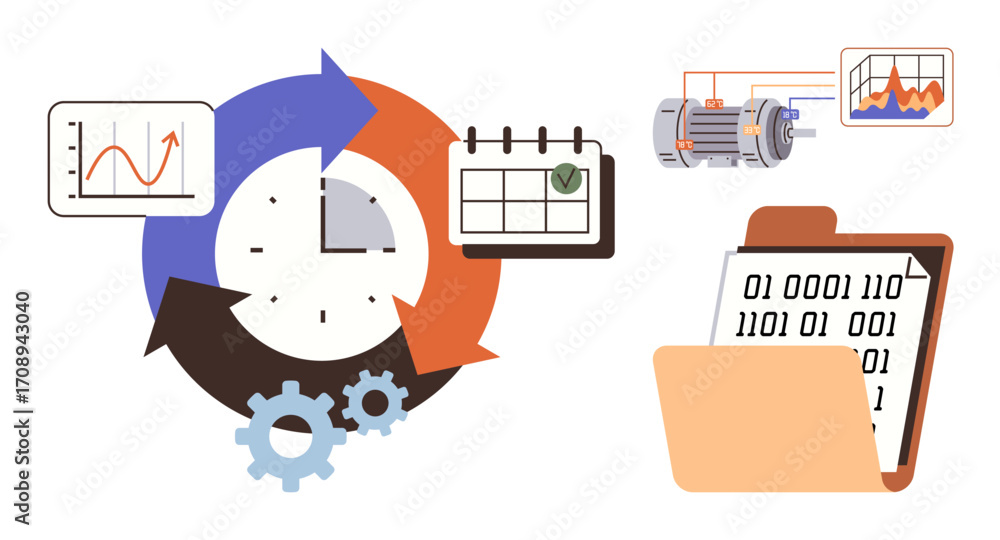 Aufkleber clock with circular arrows, gears, calendar, binary file folder, motor, and charts. ideal for planni
