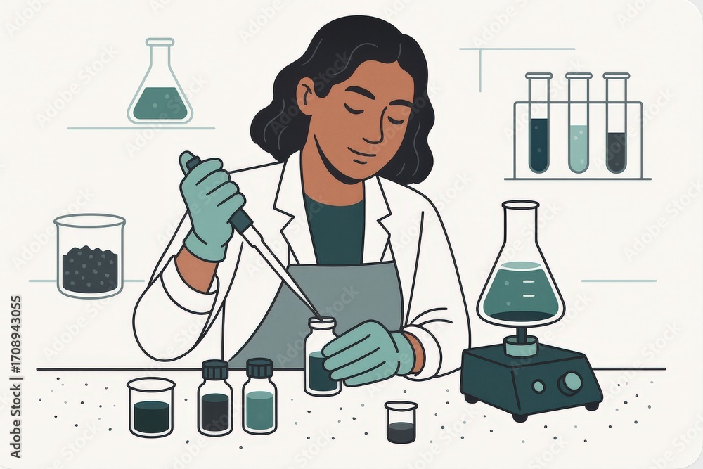 Poster engaging scientist meticulously conducting experiments in laboratory with colorful chemical solution