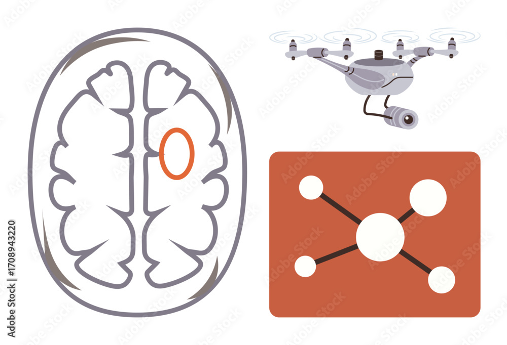 Poster brain diagram with neural highlight, quadcopter with camera in flight, network graphic symbolizing c