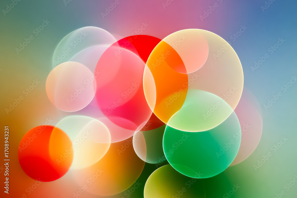 Poster colorful image of many circles with a blue background. the circles are of different colors and sizes