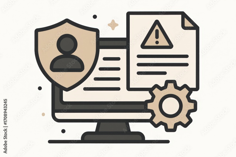 Poster digital interface illustrating cybersecurity threats represented by computer monitor shield symbol u