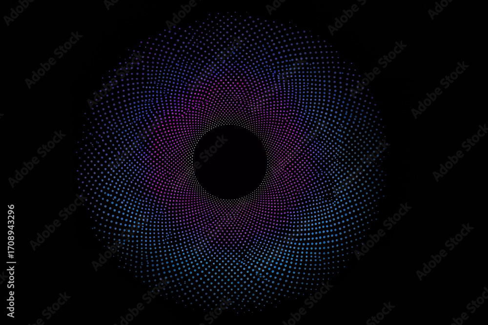 Poster colorful, abstract design with a black background. the design is made up of many small dots, creatin