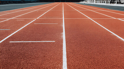 Red running track with white lane markings viewed from ground level