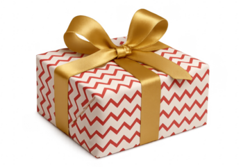 Wrapped gift box with gold ribbon and chevron pattern on transparent background