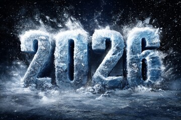 Frozen ice sculpture of 2026 amidst snow and mist