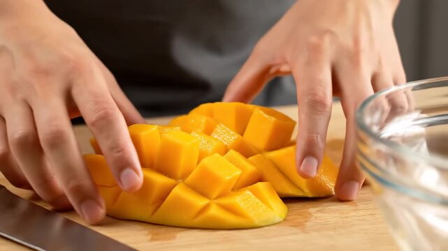 Close up cutting mango slices smoothie cinematic UHD handheld wellness culinary lifestyle stock video. fruit preparation tropical beverage shot health cooking handheld