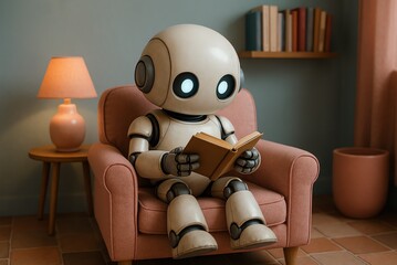 3D render illustration of a cute ai robot reading a book sitting in an armchair in a cosy living room with a book shelf