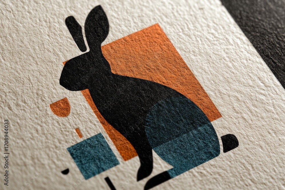 Poster abstract geometric rabbit design on textured paper with colorful shapes