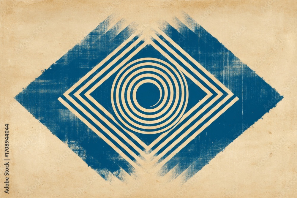 Poster abstract geometric pattern with concentric circles and diamonds on beige background