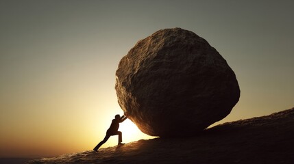 Silhouette of determined young businessman pushing a huge stone uphill on mountain slope at sunset, symbolizing challenge, struggle, perseverance, motivation, hard work, ambition, and success