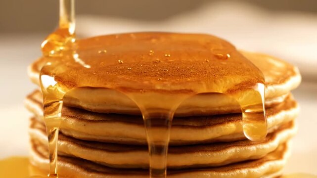 Close up pouring honey pancakes cinematic UHD lifestyle culinary food stock footage. syrup drizzle flapjack ultra high definition existence cooking fare film.