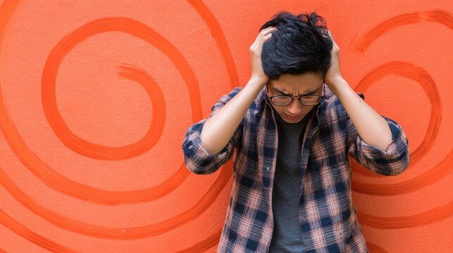 Man holding head with both hands suffering from headache and dizziness, vertigo illness concept showing spinning sensation caused by inner ear problem, brain disorder, or sensory nerve imbalance