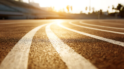Close-up view of an empty running track at sunset with sunlight casting warm glow on lanes