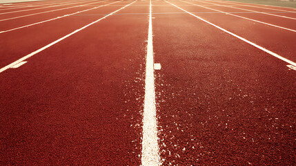 Close-up view of a red running track with white lane markings extending into the distance