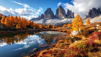 Obraz premium Autumnal alpine lake reflecting majestic peaks