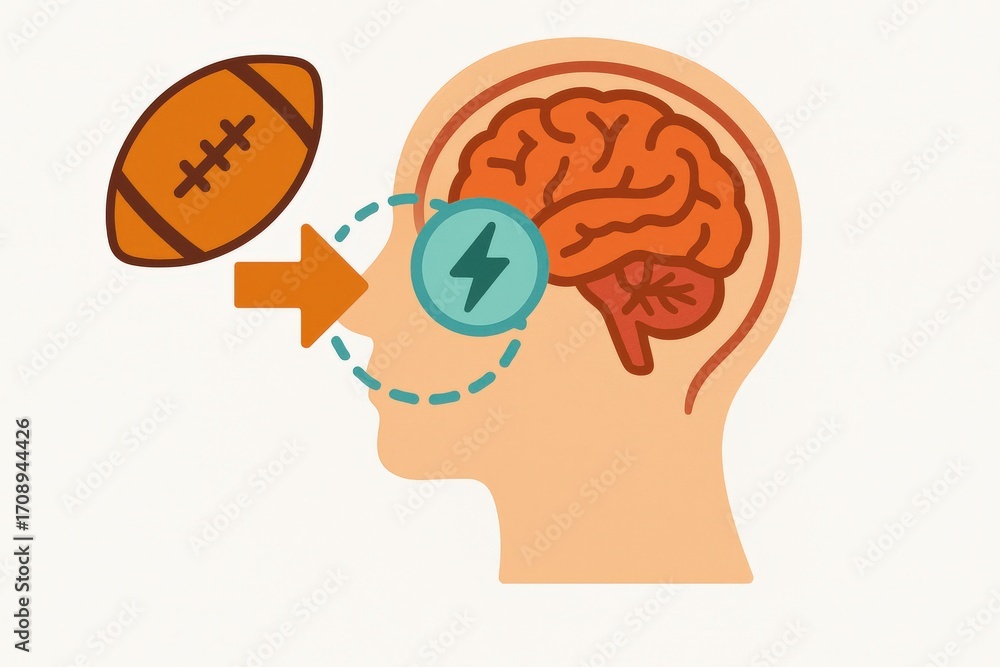 Poster conceptual representation of a human brain processing information related to football with visual el