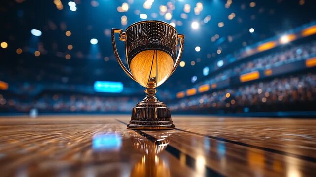 golden basketball trophy gleaming on the court a symbol of victory under stadium lights creating drama