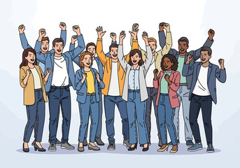 Diverse group of happy people celebrating success together, a multicultural team raising hands in joy and triumph