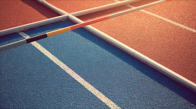 Pole vaulting pole resting on a blue and red athletic track surface