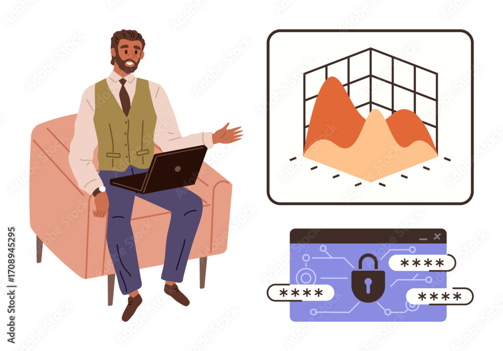 Poster man seated with laptop, pointing to 3d data chart and secure login interface. ideal for analytics, c
