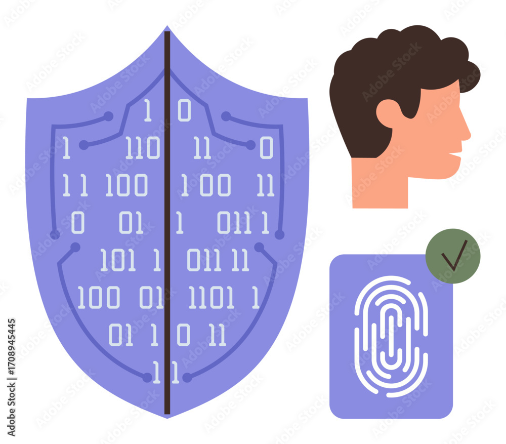 Aufkleber shield with binary code, fingerprint scan with a checkmark, and human profile emphasizing cybersecur