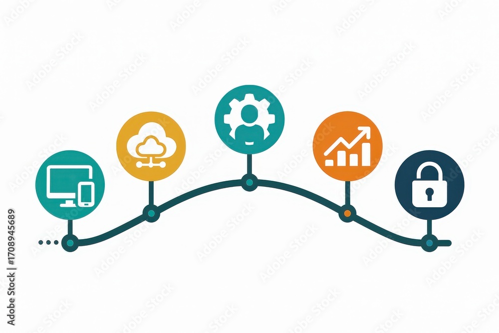 Poster innovative digital technology icons representing cloud computing, cybersecurity, user interface deve
