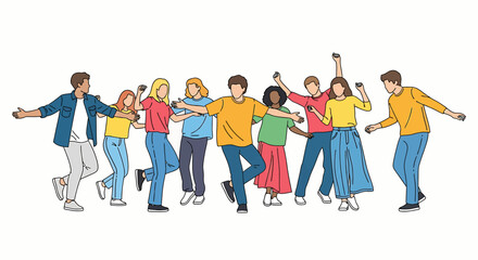 Obraz premium Happy diverse group of young friends dancing together in a row. Flat line art vector illustration celebrating friendship, community, and joyful movement