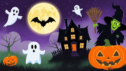 A spooky halloween night scene with a haunted house, friendly ghosts, a witch on broom and glowing pumpkins under the full moon