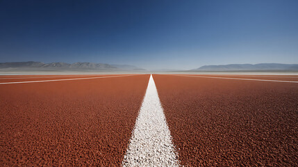 Straight red running track with white center line stretching into desert landscape under clear blue sky