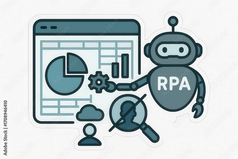 Poster robotic process automation functionality showcasing data analytics dashboard with pie charts and gra