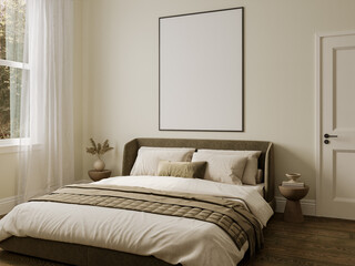 Modern Bedroom Scene with Poster Frame on Wall, Large Window and Natural Light Interior