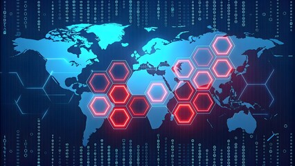 Futuristic Digital World Map with Glowing Hexagonal Network and Binary Code