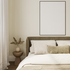 Bedroom Interior with Poster Frame Above Bed, Scandinavian Neutral Tones and Cozy Styling