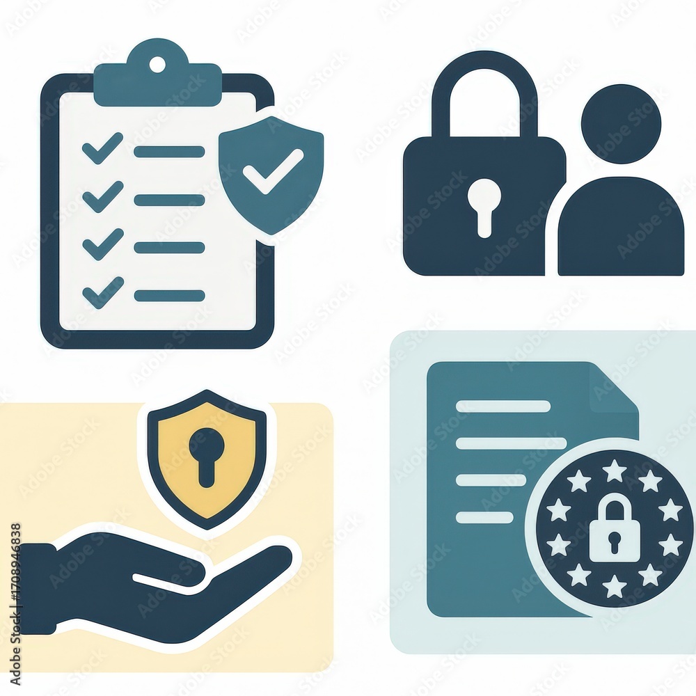 Poster comprehensive visual representation of data protection concepts such as secure access, compliance ch