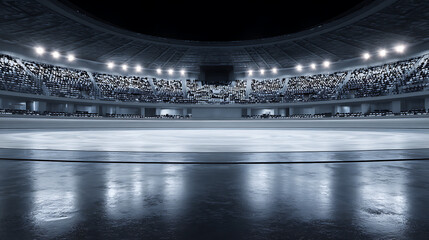 Empty indoor arena with illuminated seating and reflective floor