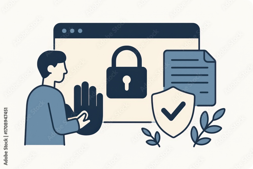 Poster digital security concept illustrating a man safeguarding online data represented by a shield lock ha