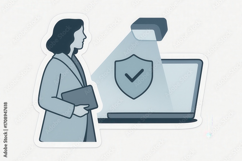 Poster professional woman evaluating cybersecurity protocols with focus on digital security solutions and d