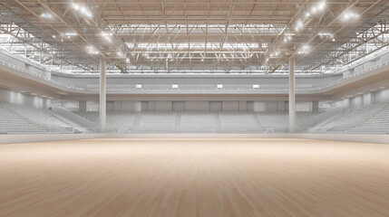 Empty indoor sports arena with wooden flooring and tiered seating