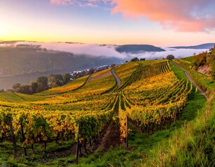 Fototapeta premium Autumnal Vineyard Vista at Sunrise